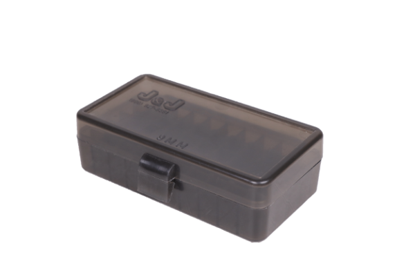 Caixa para munição, marca J&J, capacidade 50 calibres 9mm e .380 ACP