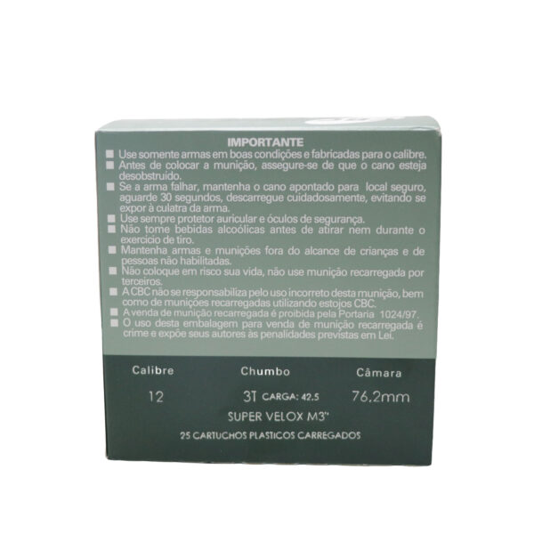 Cartucho CBC Cal 12GA Câmara 76,2mm Super Velox Chumbo 3T M3" Cx 25 Unidades