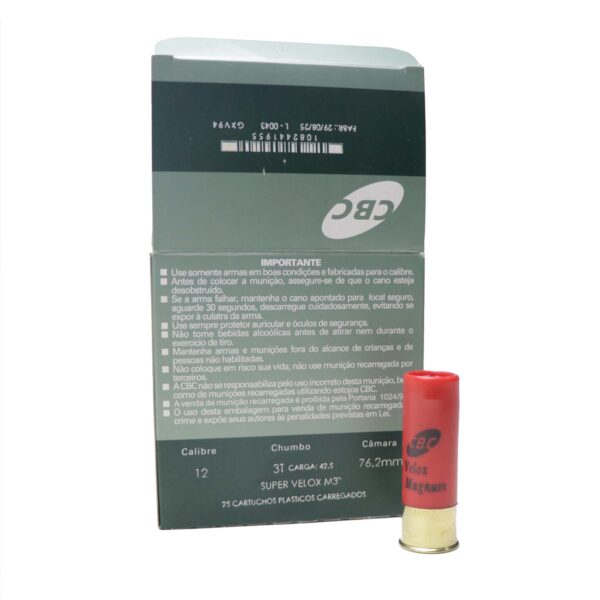 Cartucho CBC Cal 12GA Câmara 76,2mm Super Velox Chumbo 3T M3" Cx 25 Unidades
