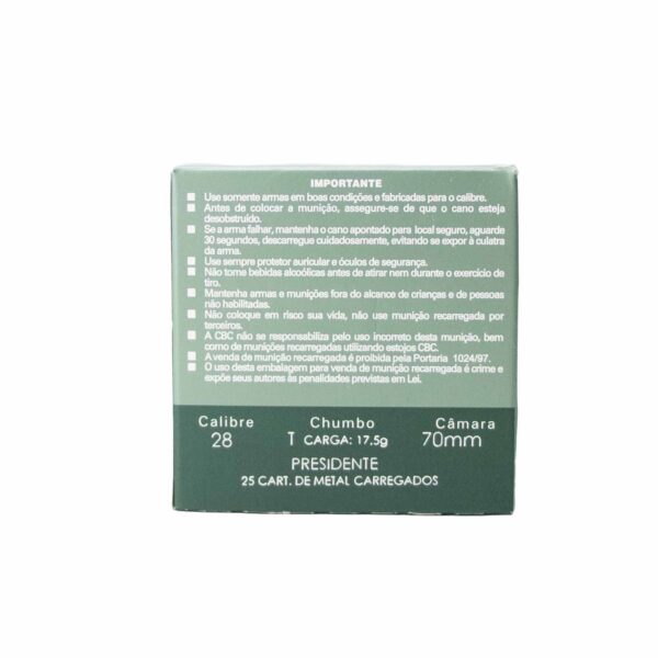 Cartucho CBC Presidente 28/70 Chumbo  T (Carregado de fábrica) Cx 25 Unidades