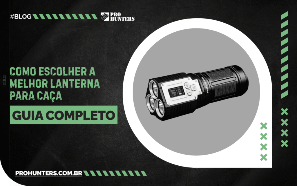 Capa de guia sobre como escolher a melhor lanterna para caça, com modelo de lanterna tática em destaque no layout.